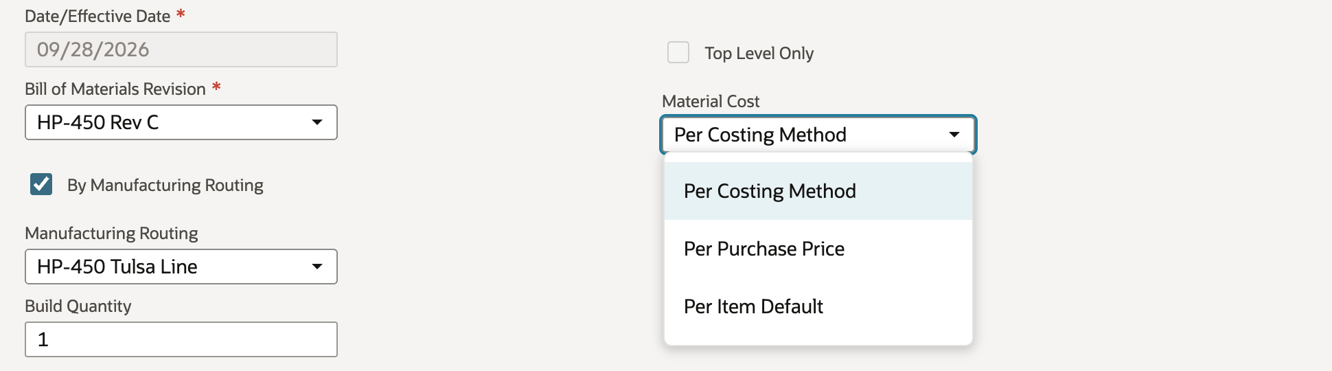 The Material Cost list is open with three options: Per Costing Method, which is highlighted, Per Purchase Price and Per Item Default.