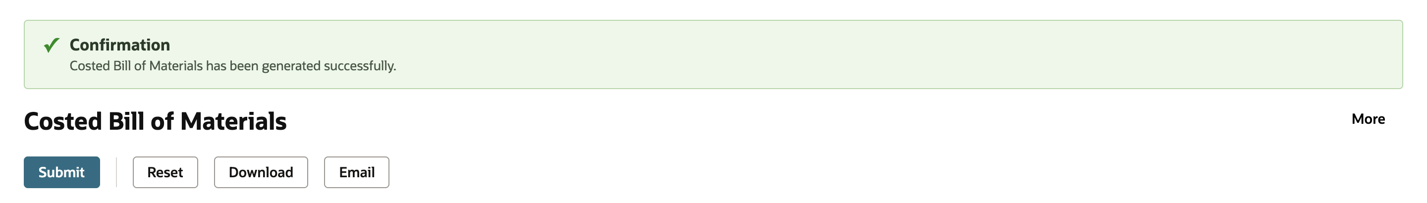 A Confirmation banner reads Costed Bill of Materials has been generated successfully, above the report title and the Submit, Reset, Download and Email buttons.