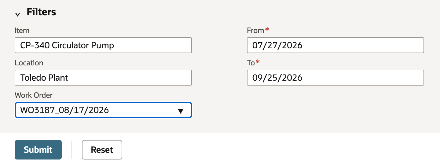 Filters on Cost Variance Analysis before Submit. Item is CP-340 Circulator Pump, Location is Toledo Plant, Work Order is WO3187_08/17/2026, From is 07/27/2026 and To is 09/25/2026.