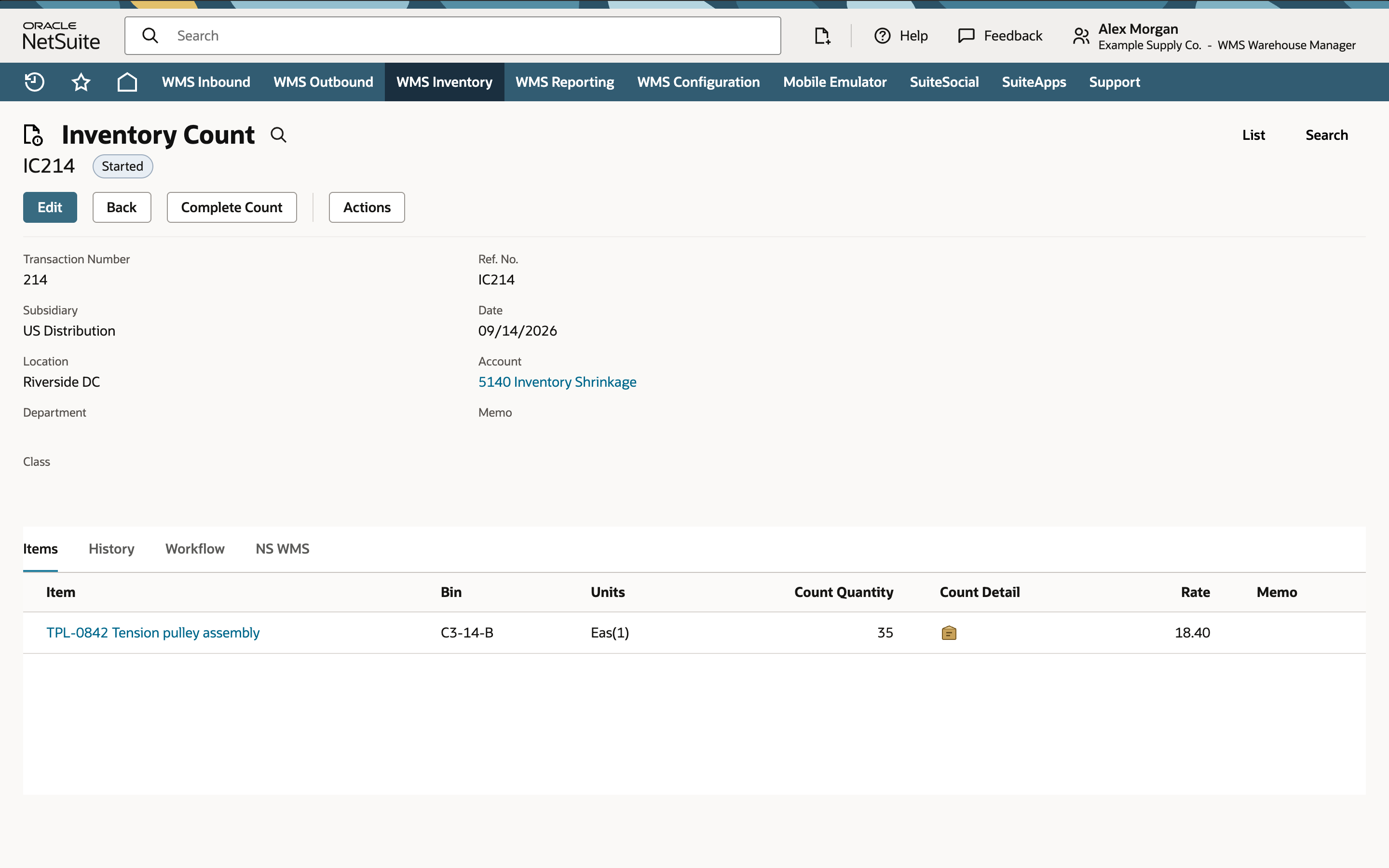 Inventory Count IC214 with status Started shows Count Quantity 35 for TPL-0842 in bin C3-14-B and a Complete Count button.