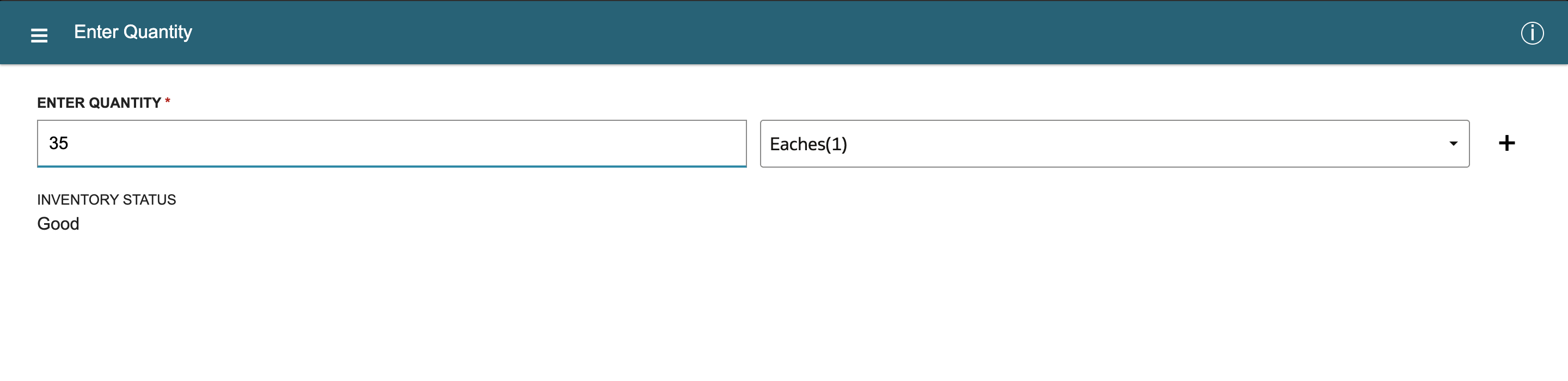 The Enter Quantity screen shows 35 typed with unit Eaches(1) and inventory status Good, and no expected quantity.