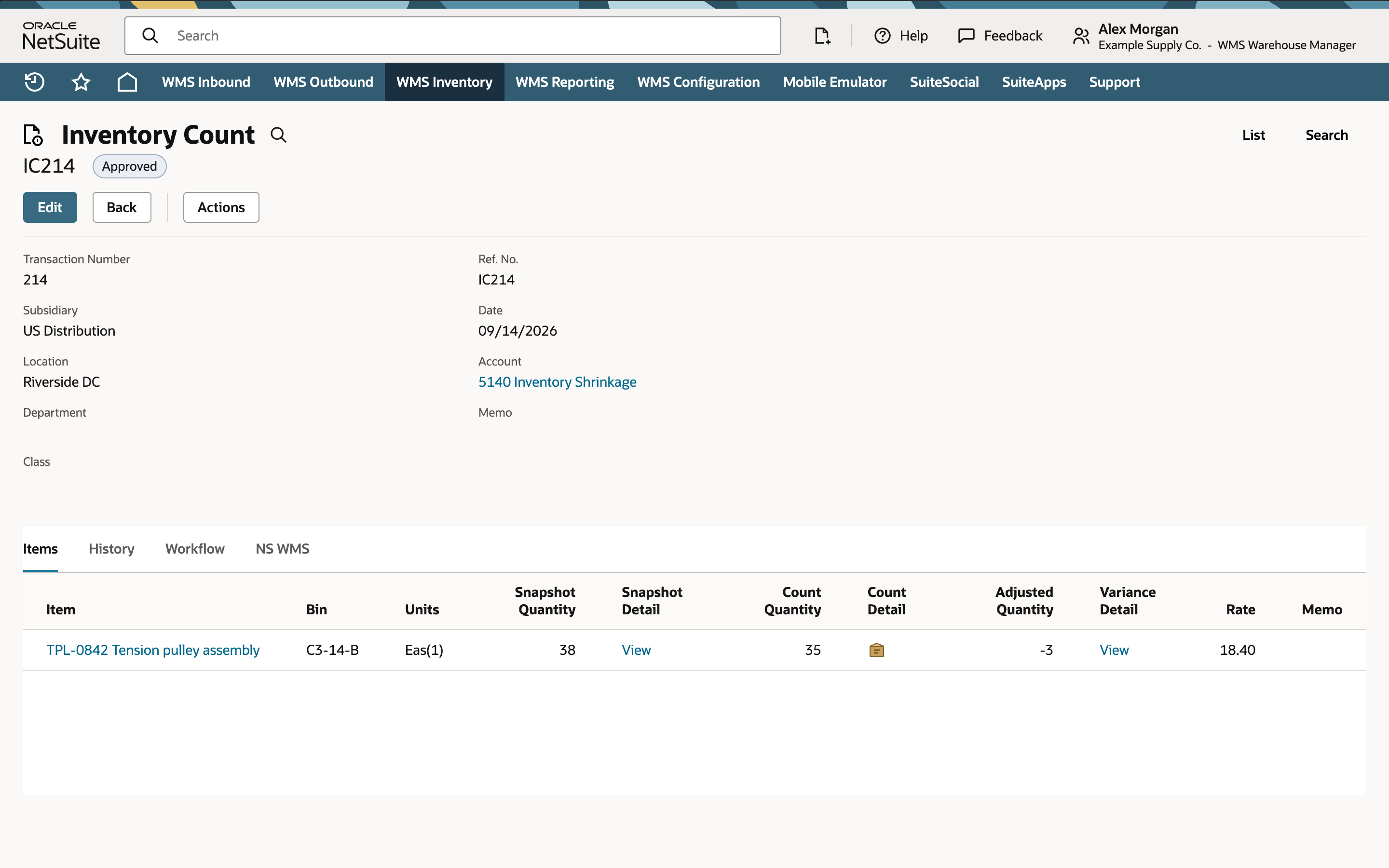 Inventory Count IC214 shows status Approved with Edit, Back and Actions buttons.