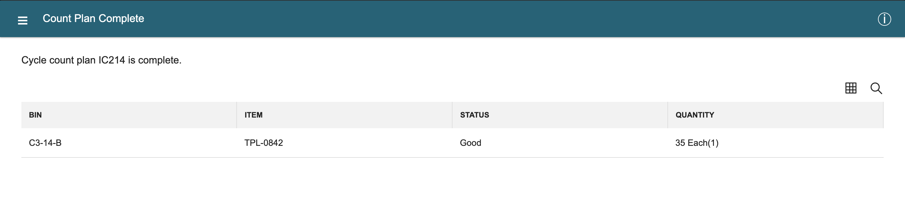 Count Plan Complete says cycle count plan IC214 is complete and lists bin C3-14-B, item TPL-0842, status Good and quantity 35 Each(1).