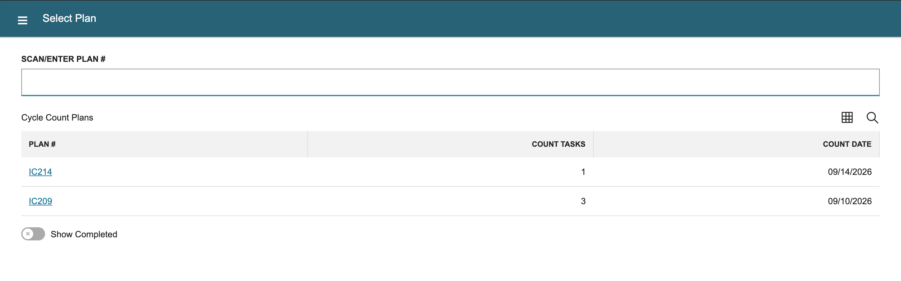 The WMS mobile Select Plan screen lists IC214 with 1 count task and IC209 with 3 count tasks.