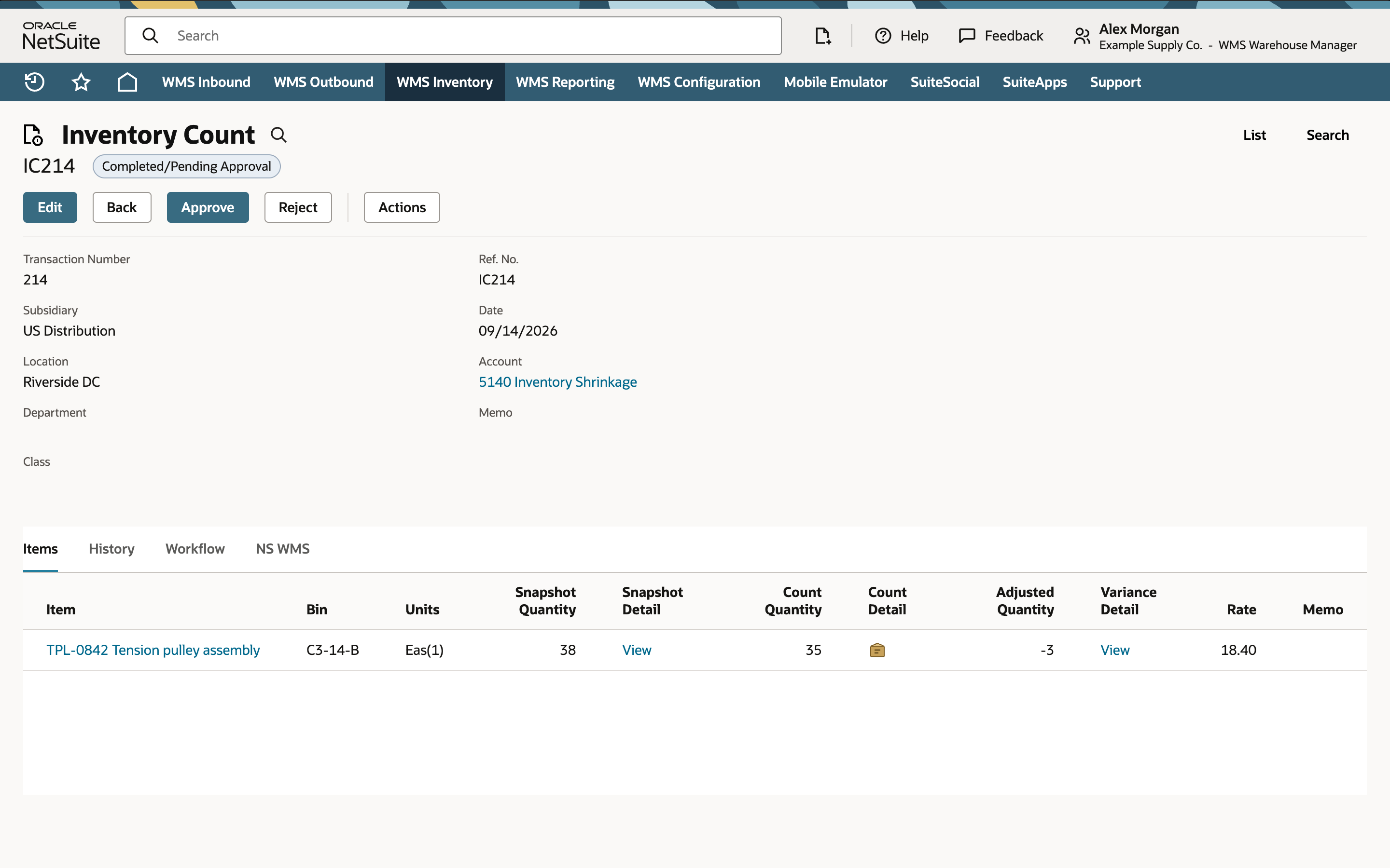 The completed count shows Snapshot Quantity 38, Count Quantity 35 and Adjusted Quantity -3 on the TPL-0842 line.