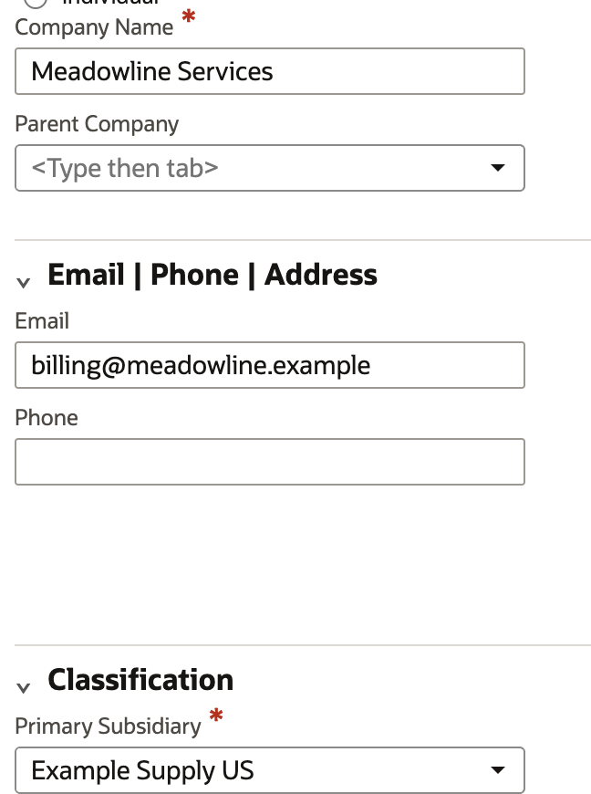 The customer form contains Meadowline Services, billing@meadowline.example and Example Supply US.