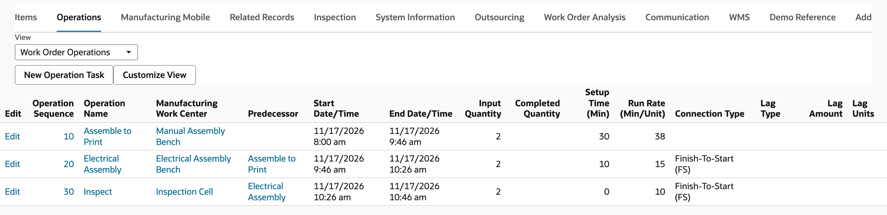 The Operations subtab lists operation 10 from 8:00 am to 9:46 am, operation 20 from 9:46 am to 10:26 am and operation 30 from 10:26 am to 10:46 am on 11/17/2026.