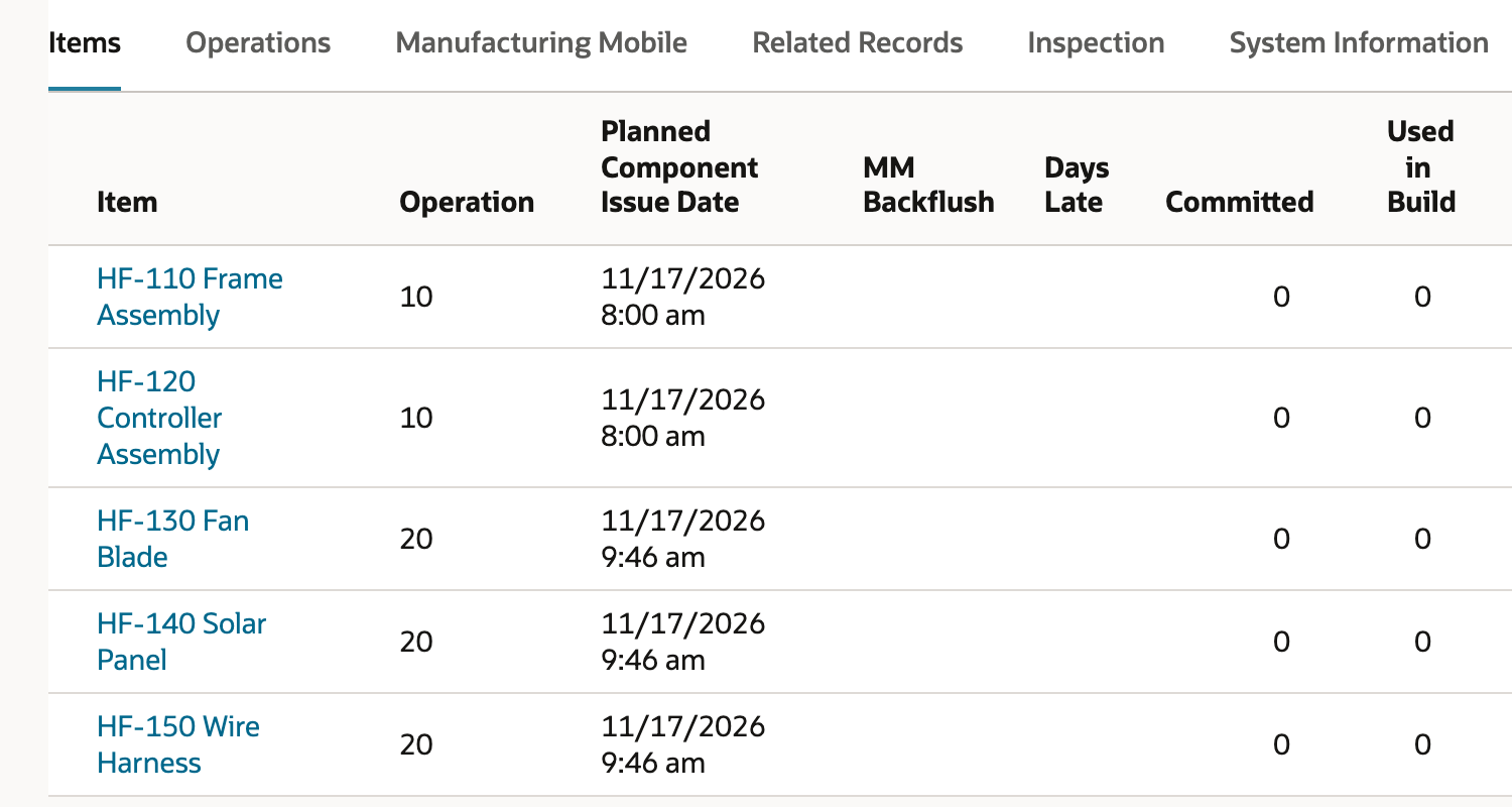 The Items subtab of work order WO5207 lists five components with Operation 10 or 20 and a Planned Component Issue Date of 11/17/2026 8:00 am or 9:46 am.