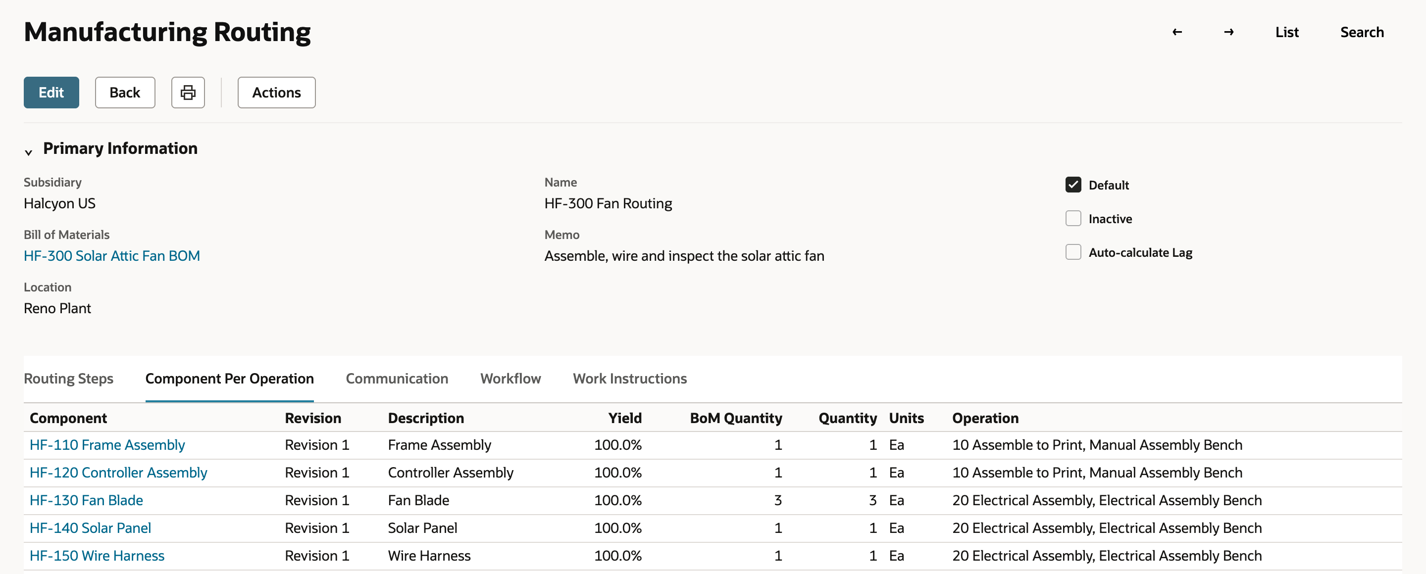 The saved routing shows operation 10 beside HF-110 and HF-120 and operation 20 beside HF-130, HF-140 and HF-150.
