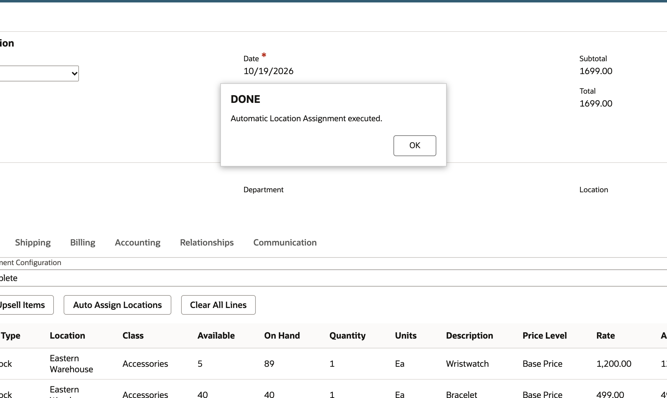 Automatic Location Assignment executed message after the sales-order action