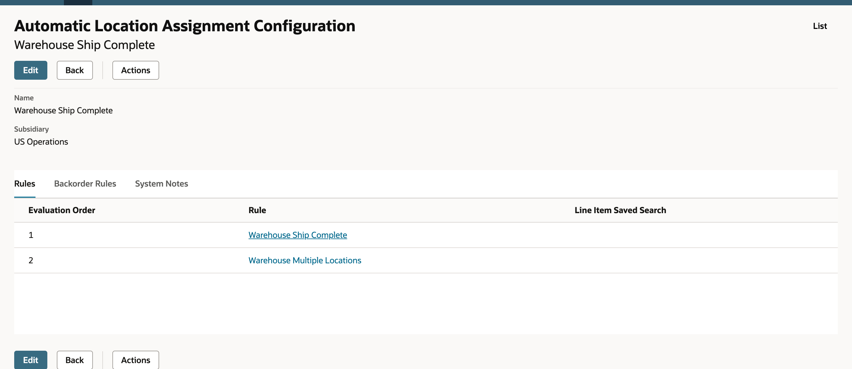 Automatic Location Assignment Configuration Rules tab with ship-complete rule first
