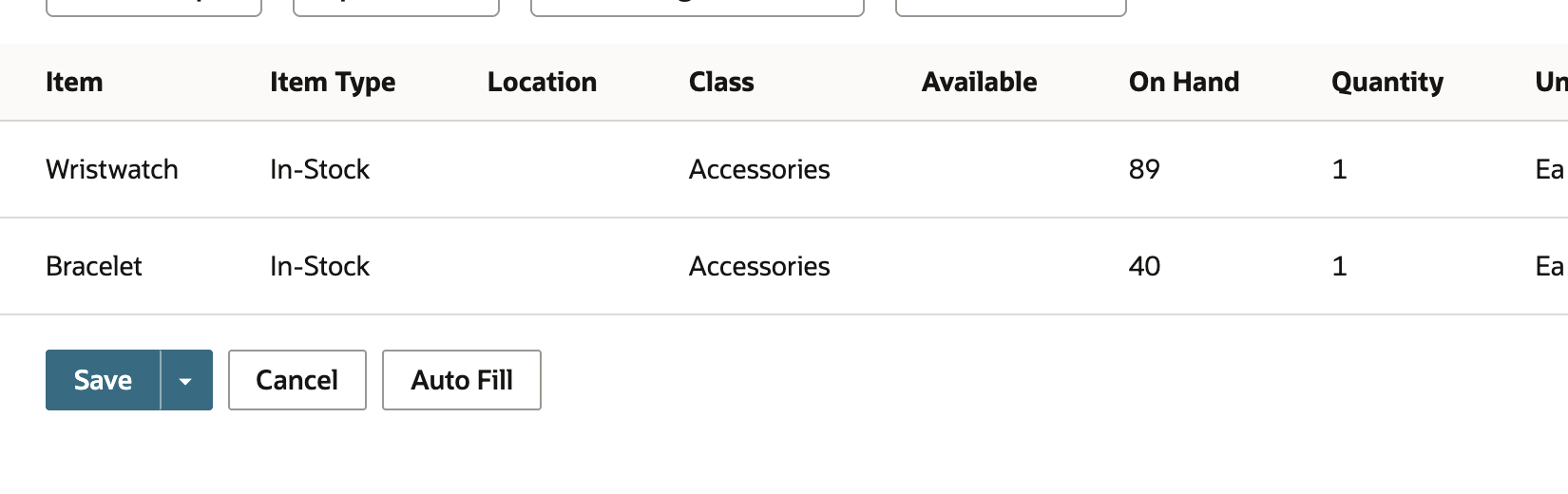 Two sales-order item lines with blank Location cells before automatic assignment