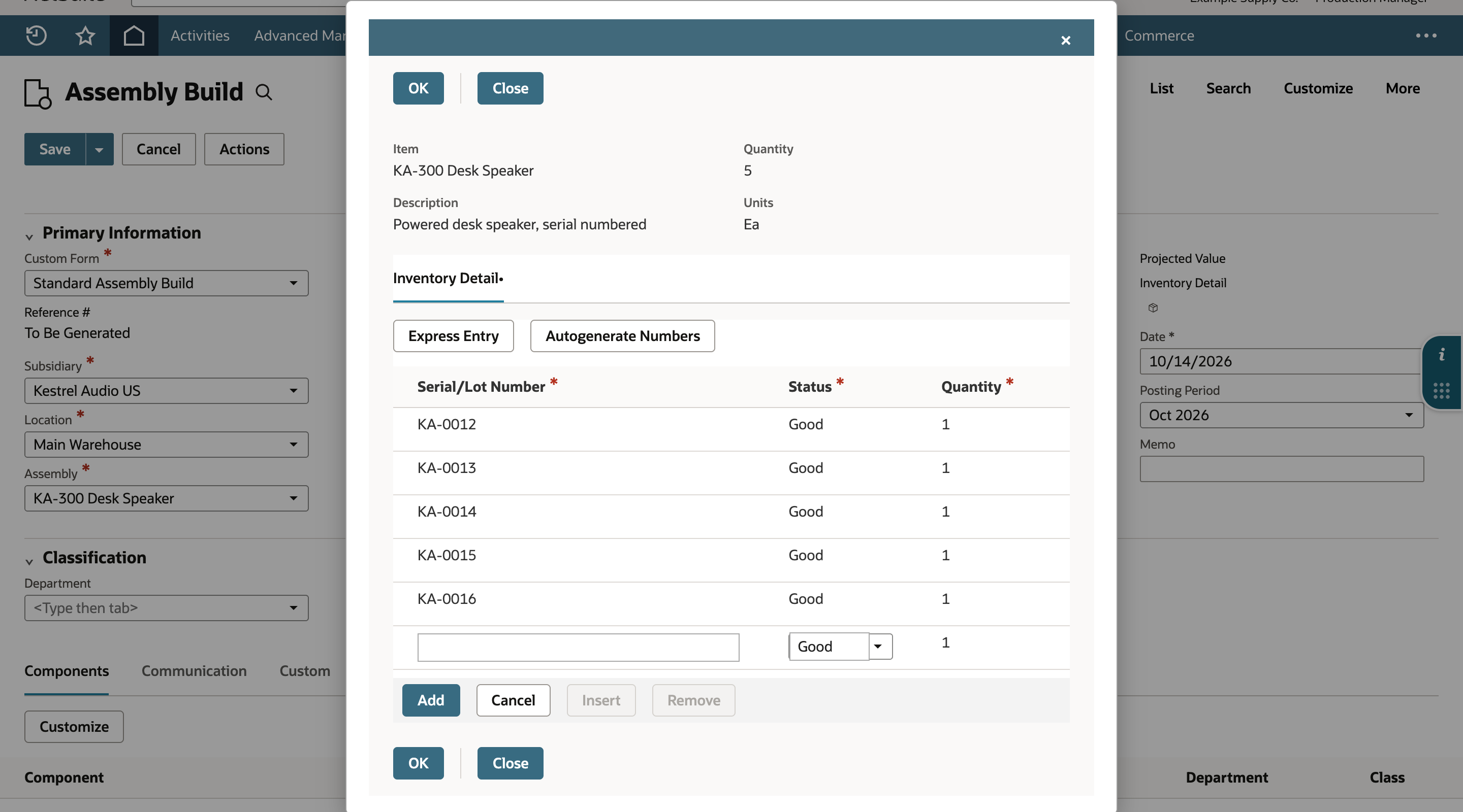 Inventory Detail popup listing KA-0012, KA-0013, KA-0014, KA-0015 and KA-0016, each with Status Good and Quantity 1, above an empty editable line.