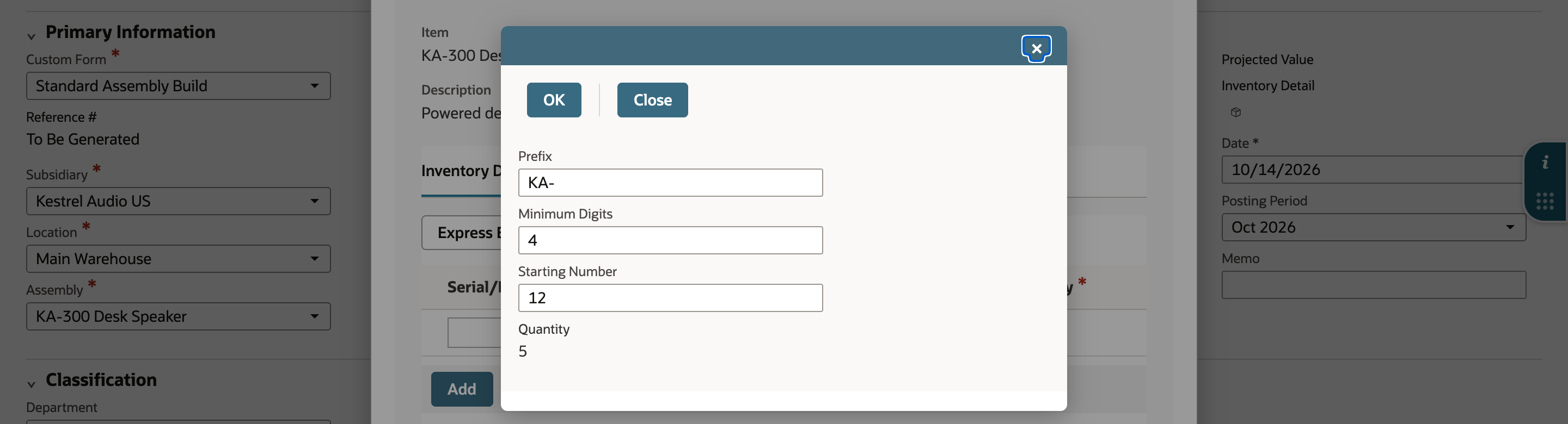 Autogenerate Numbers popup with Prefix KA-, Minimum Digits 4, Starting Number 12 and Quantity 5.