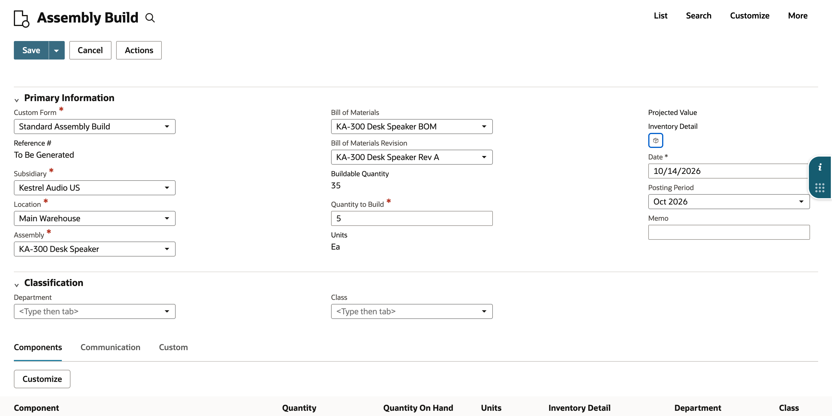 Build Assemblies with Quantity to Build 5. An arrow points to the Inventory Detail icon in the header of the build.