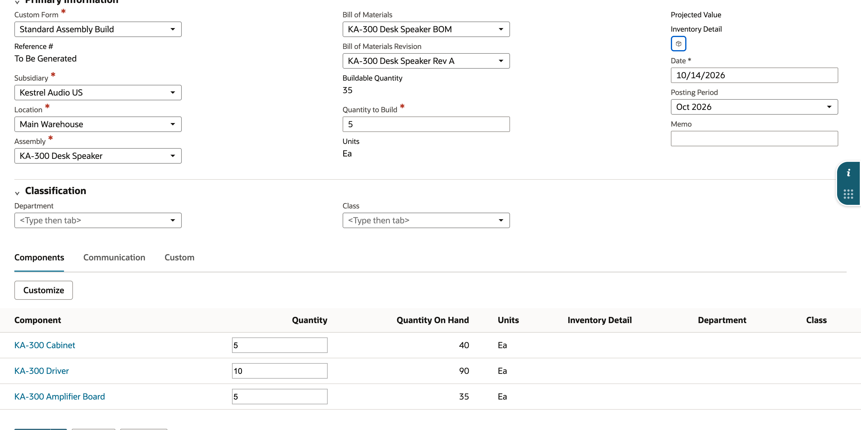 Components subtab after entering Quantity to Build 5: KA-300 Cabinet quantity 5, KA-300 Driver quantity 10 and KA-300 Amplifier Board quantity 5.