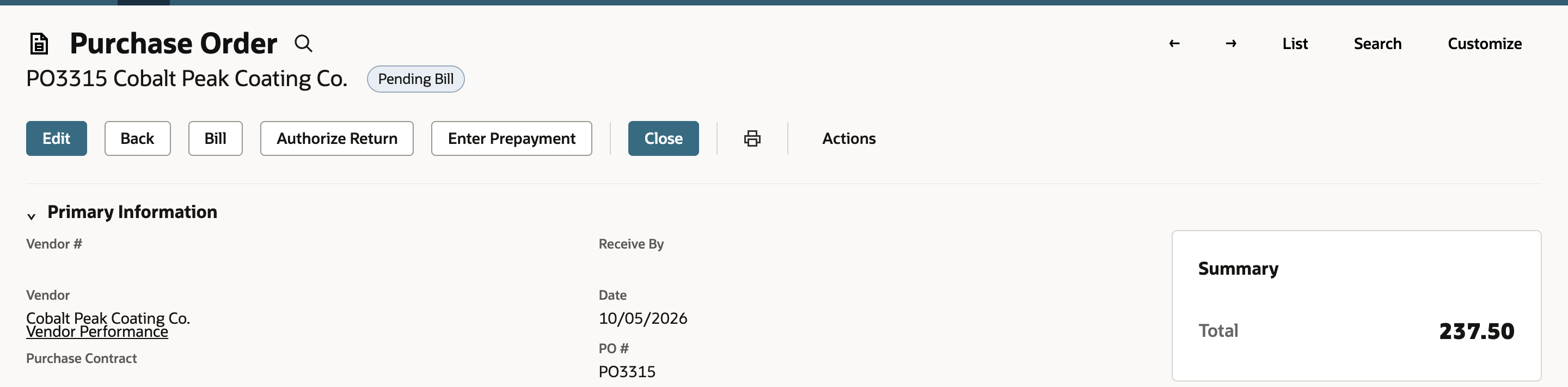 Purchase Order PO3315 for Cobalt Peak Coating Co. with a Pending Bill badge, a button bar that includes Bill and a Summary Total of 237.50. An arrow points to the Bill button.