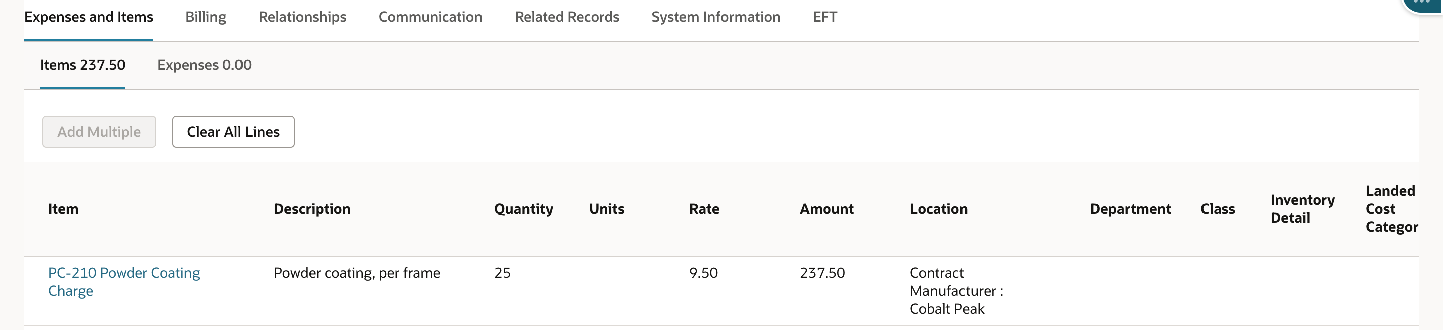 Expenses and Items tab of the bill, Items subtab: PC-210 Powder Coating Charge, quantity 25, rate 9.50, amount 237.50.