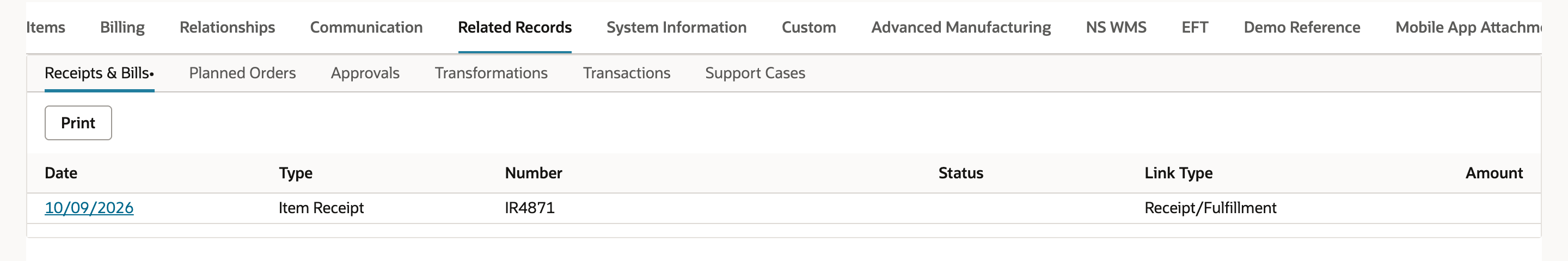 Related Records on PO3315, Receipts and Bills list with one row: Item Receipt IR4871 with Link Type Receipt/Fulfillment.
