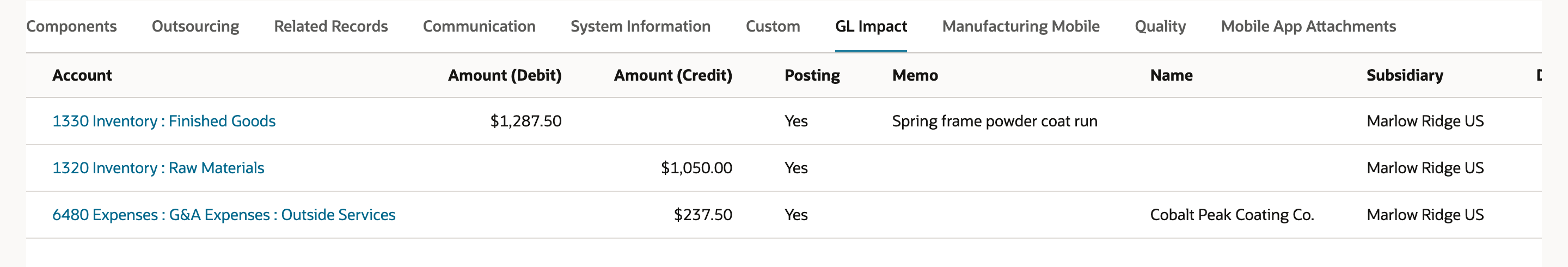 GL Impact of assembly build ASSYB644: Finished Goods debit 1,287.50, Raw Materials credit 1,050.00 and Outside Services credit 237.50 with Cobalt Peak Coating Co. as the Name. An arrow points to the 237.50 credit.