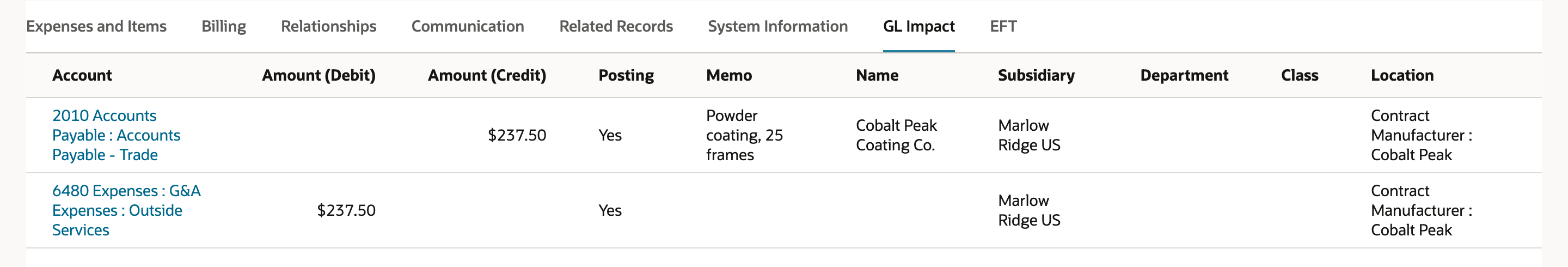 GL Impact of the saved bill: 2010 Accounts Payable credit 237.50 with Cobalt Peak Coating Co. as the Name and 6480 Outside Services debit 237.50.