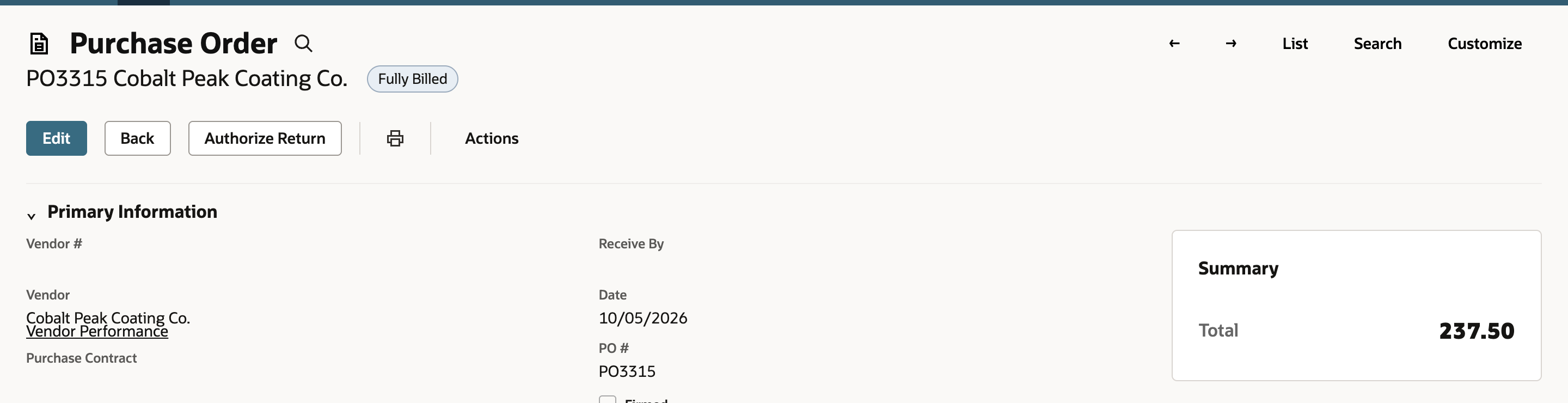 Purchase Order PO3315 with a Fully Billed badge and a reduced button bar: Edit, Back and Authorize Return.
