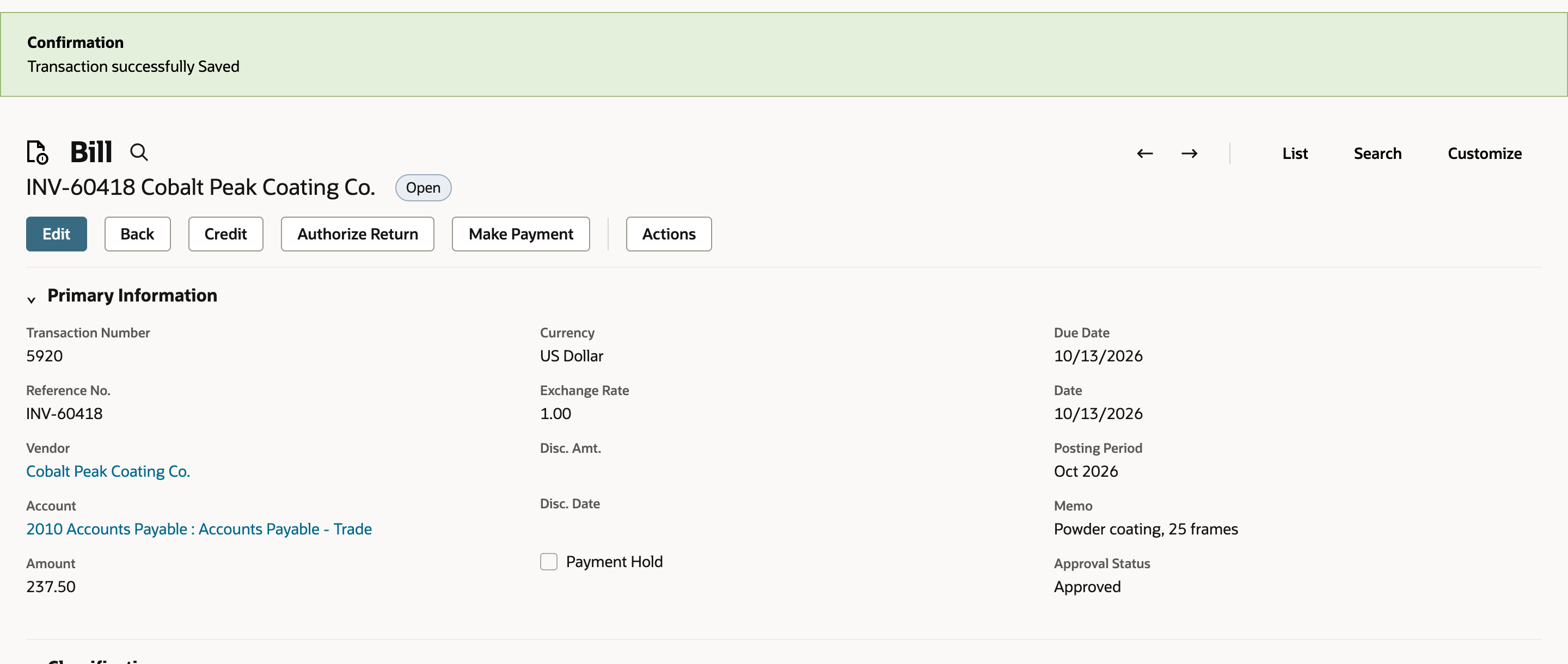 Saved bill INV-60418 for Cobalt Peak Coating Co. with an Open badge, a Transaction successfully Saved confirmation, Amount 237.50 and the Make Payment button.