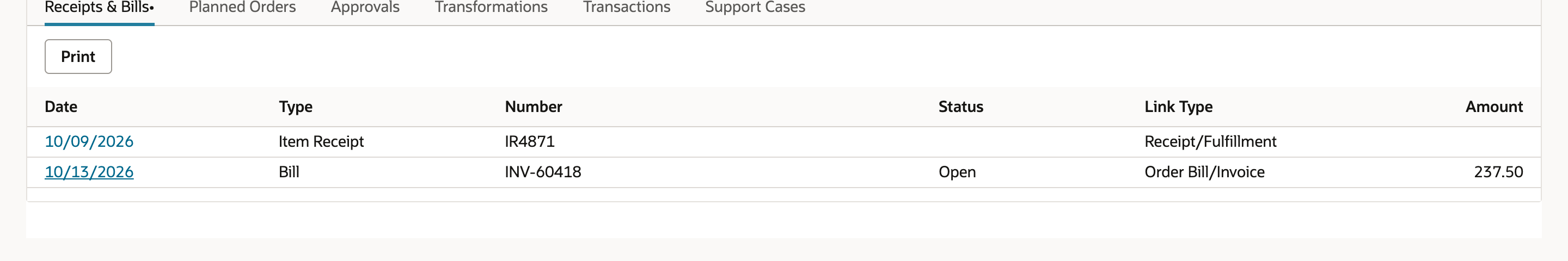 Related Records on PO3315: Item Receipt IR4871 and Bill INV-60418 with status Open, Link Type Order Bill/Invoice and amount 237.50.