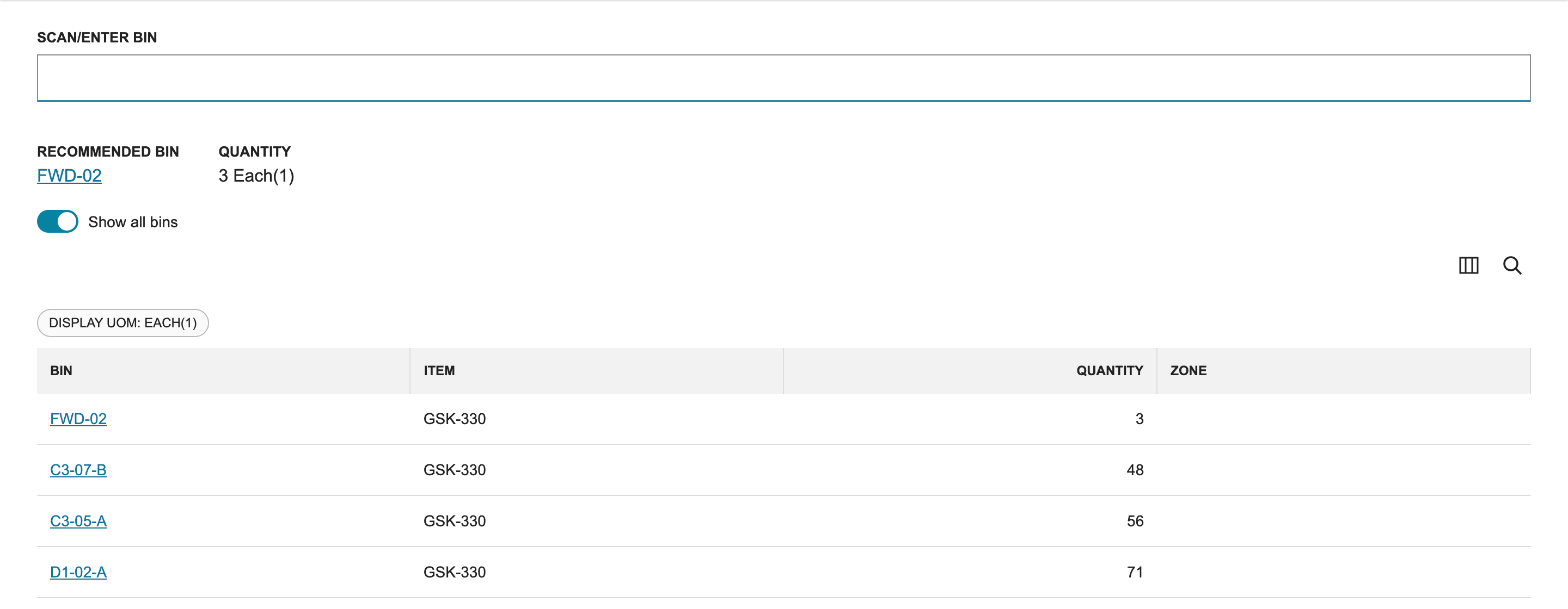 Enter Bin with Show all bins on, listing FWD-02, C3-07-B, C3-05-A and D1-02-A for GSK-330 with their quantities.