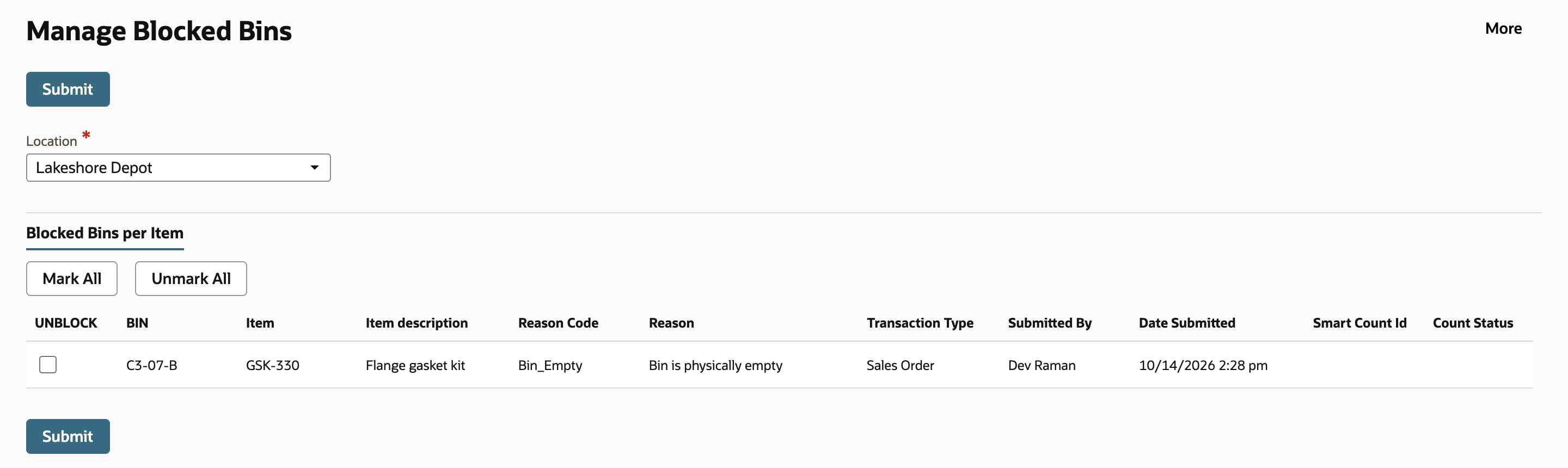 Manage Blocked Bins for Lakeshore Depot listing C3-07-B for GSK-330 with reason code Bin_Empty and the reason Bin is physically empty.