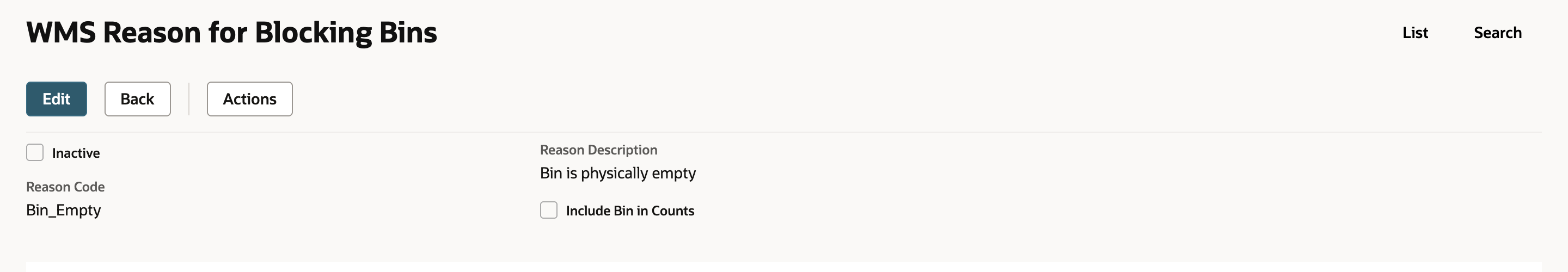 The saved WMS Reason for Blocking Bins record showing Bin_Empty and Bin is physically empty with Include Bin in Counts cleared.