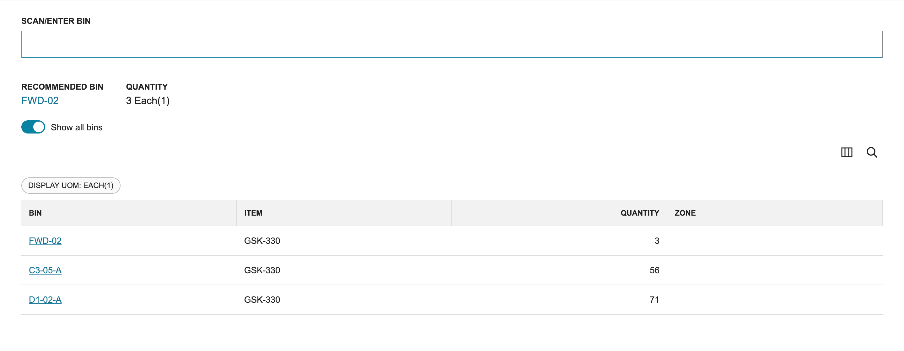 Enter Bin with Show all bins on after the block, listing FWD-02, C3-05-A and D1-02-A. C3-07-B is not listed.