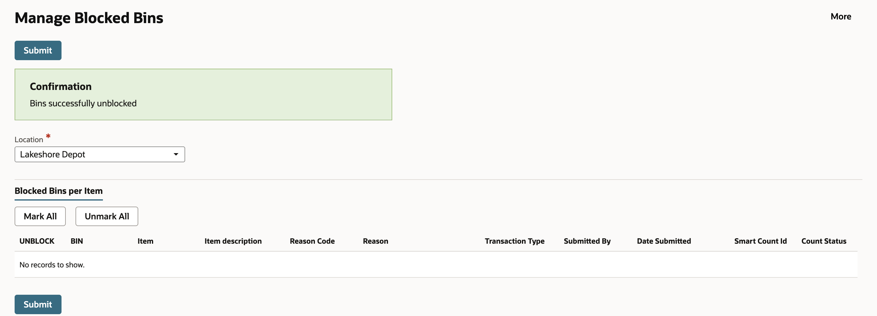 Manage Blocked Bins after Submit with a Confirmation that the bins were successfully unblocked and Blocked Bins per Item showing No records to show.