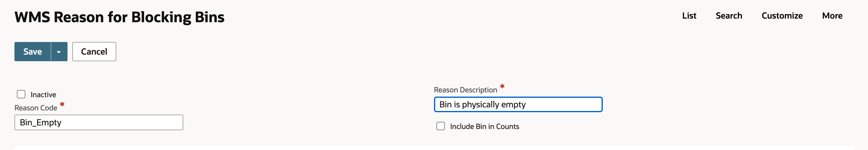 The new WMS Reason for Blocking Bins form with Bin_Empty as the reason code and Bin is physically empty as the reason description.