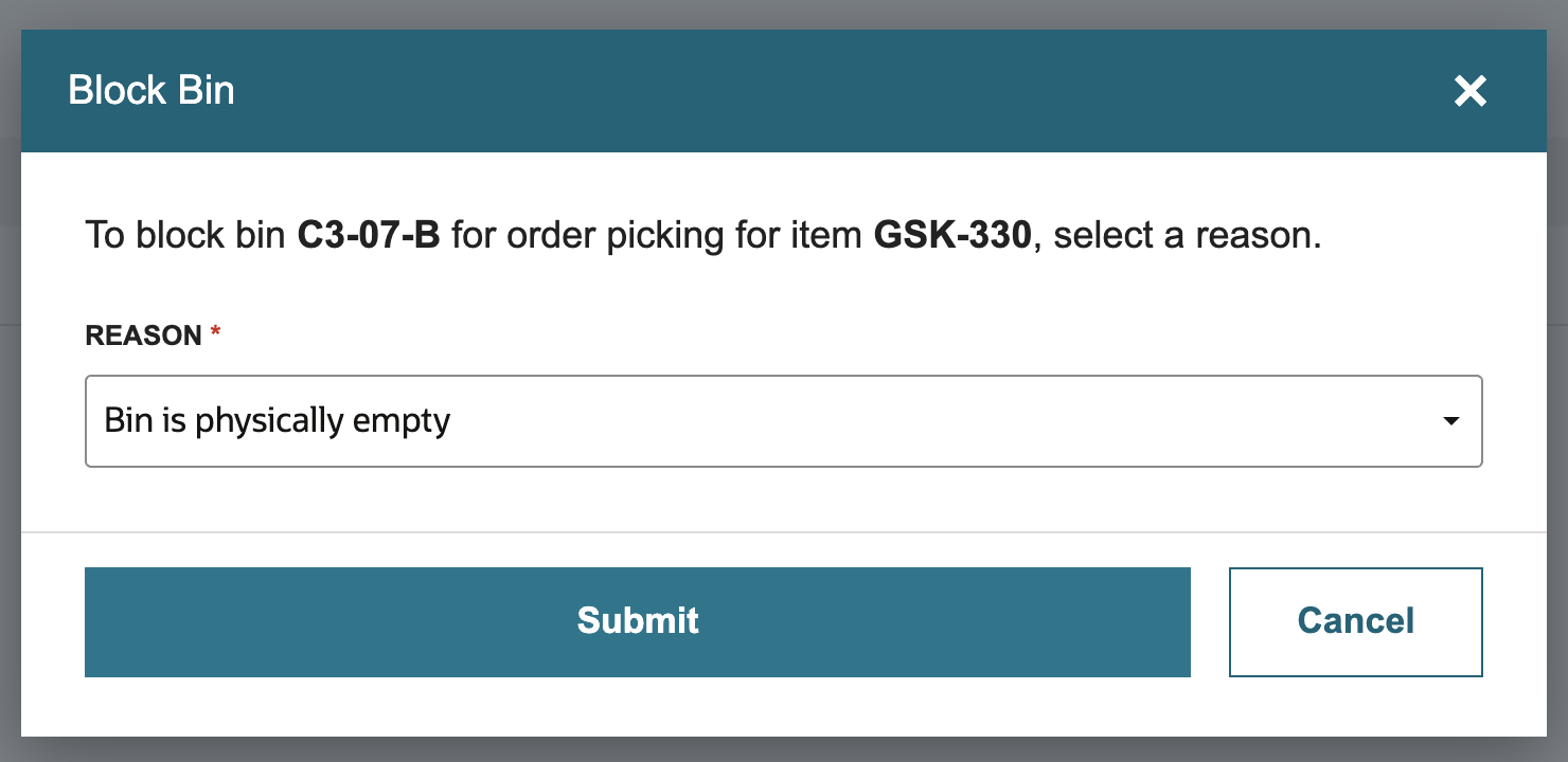 The Block Bin dialog for bin C3-07-B and item GSK-330 with the reason Bin is physically empty chosen.
