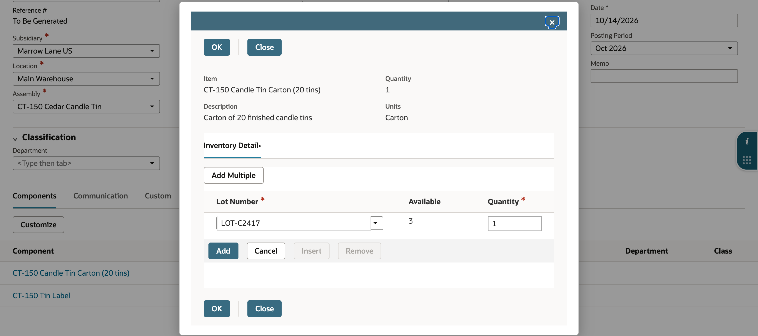 Inventory Detail popup for CT-150 Candle Tin Carton, quantity 1, with Lot Number LOT-C2417, Available 3 and Quantity 1.