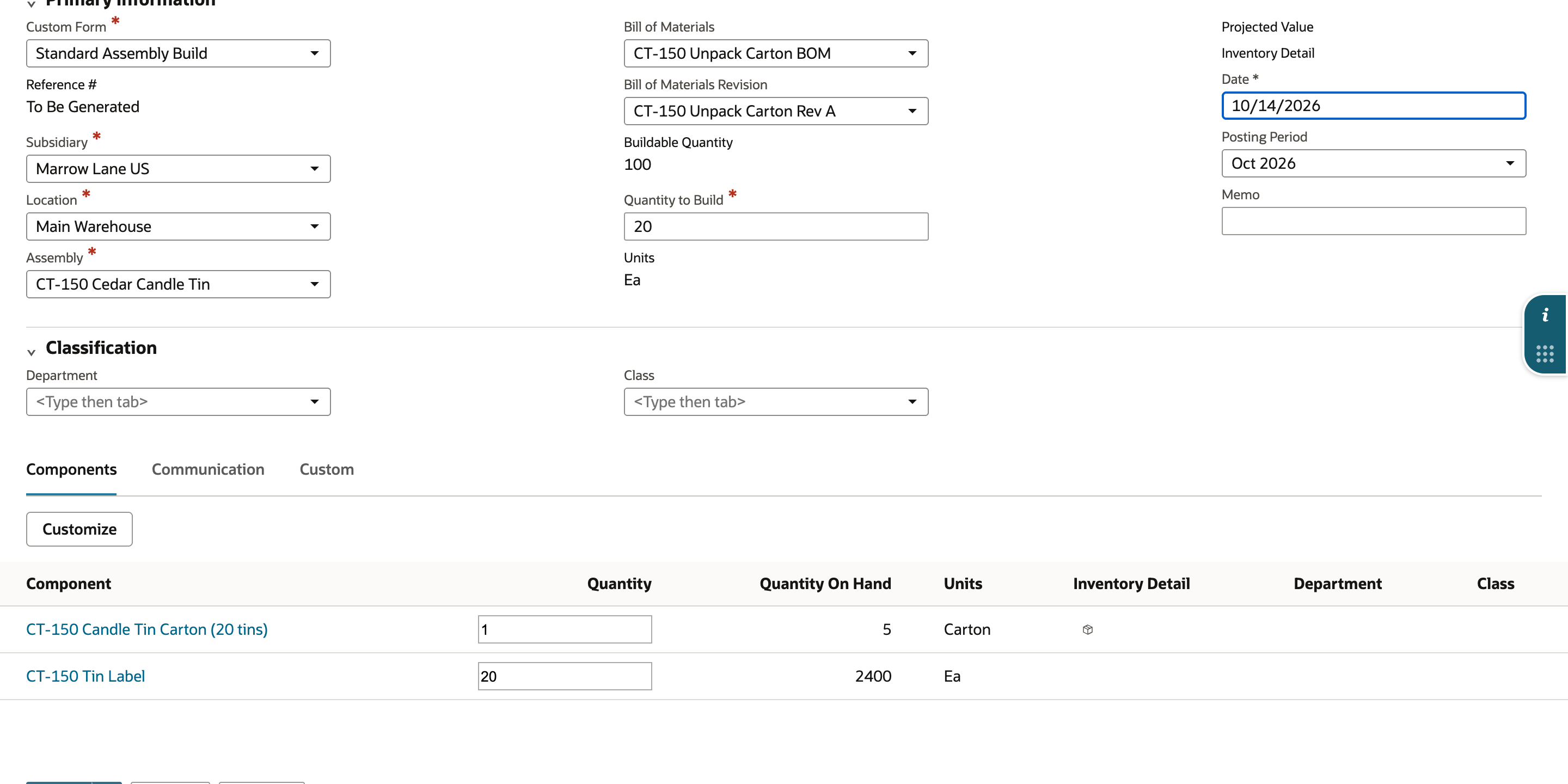 Components subtab after entering Quantity to Build 20: CT-150 Candle Tin Carton quantity 1 and CT-150 Tin Label quantity 20.