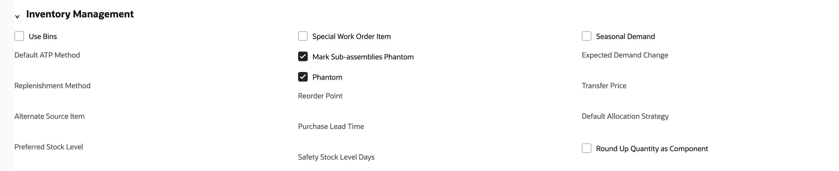 WA-08 Cart Wheel Assembly Purchasing / Inventory subtab, Inventory Management section, with Mark Sub-assemblies Phantom and Phantom both checked and Special Work Order Item cleared