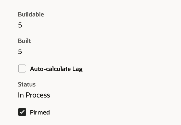 Work order WO2118 after the build with Built 5 and Buildable 5, still In Process