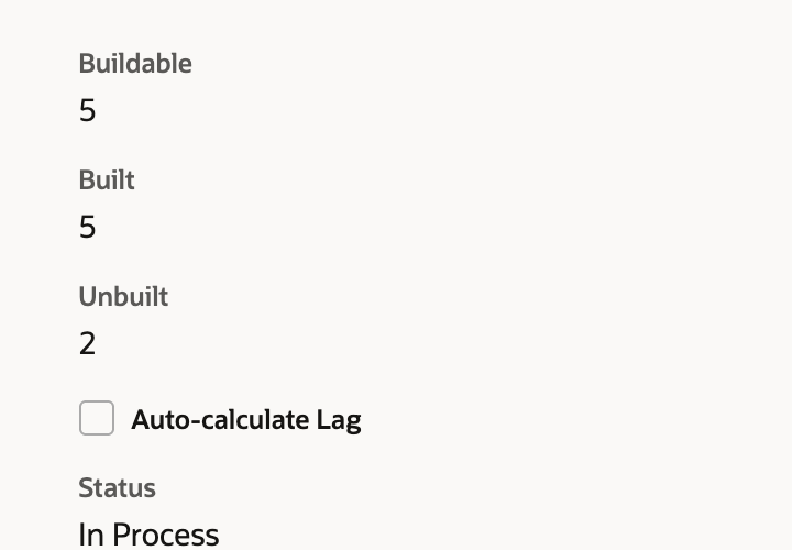 Work order WO2118 with Built 5 and Unbuilt 2