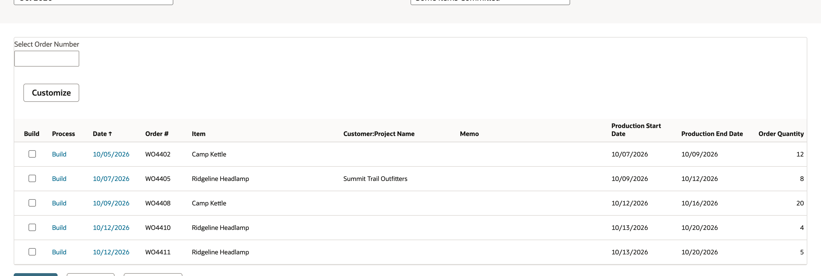 Build Work Orders lists five Released work orders from two locations before a location is chosen.