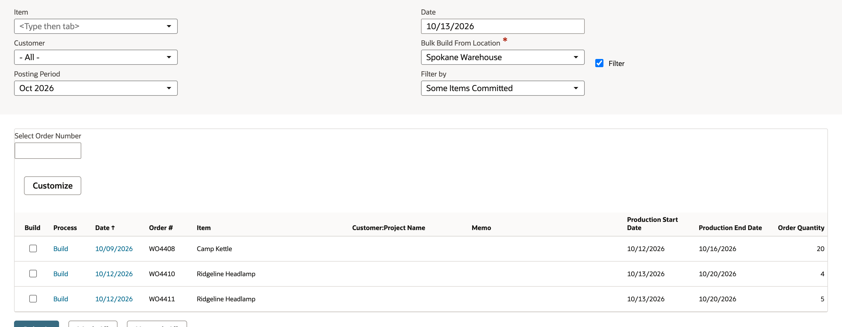 Bulk Build From Location is Spokane Warehouse with Filter checked, and three work orders remain in the list.