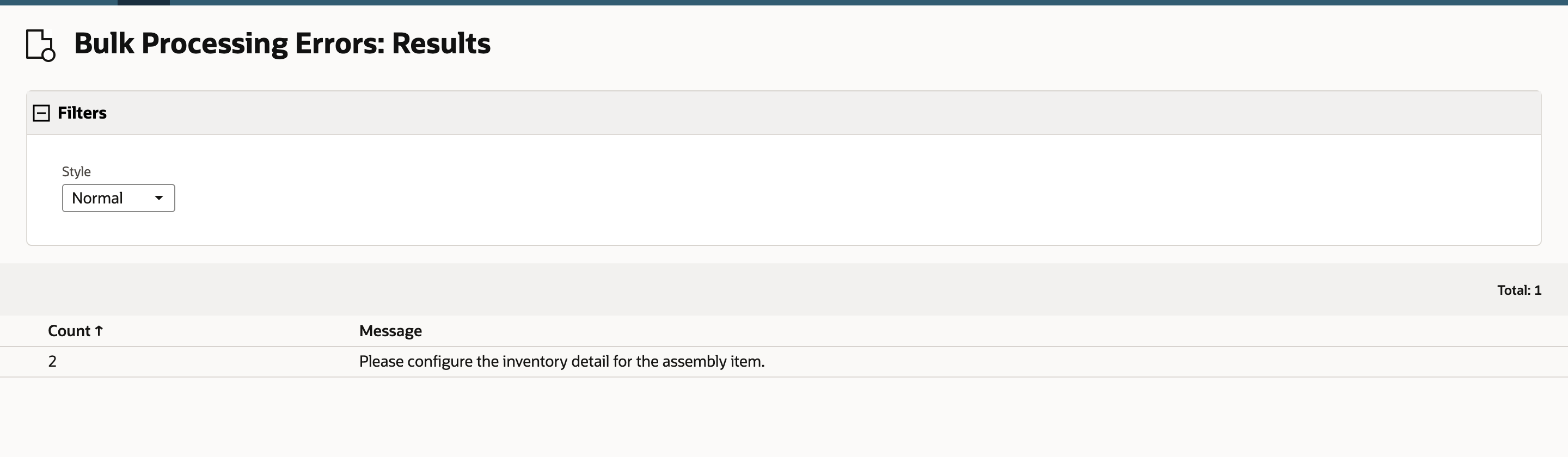 Bulk Processing Errors shows one message with a Count of 2 about inventory detail for the assembly item.