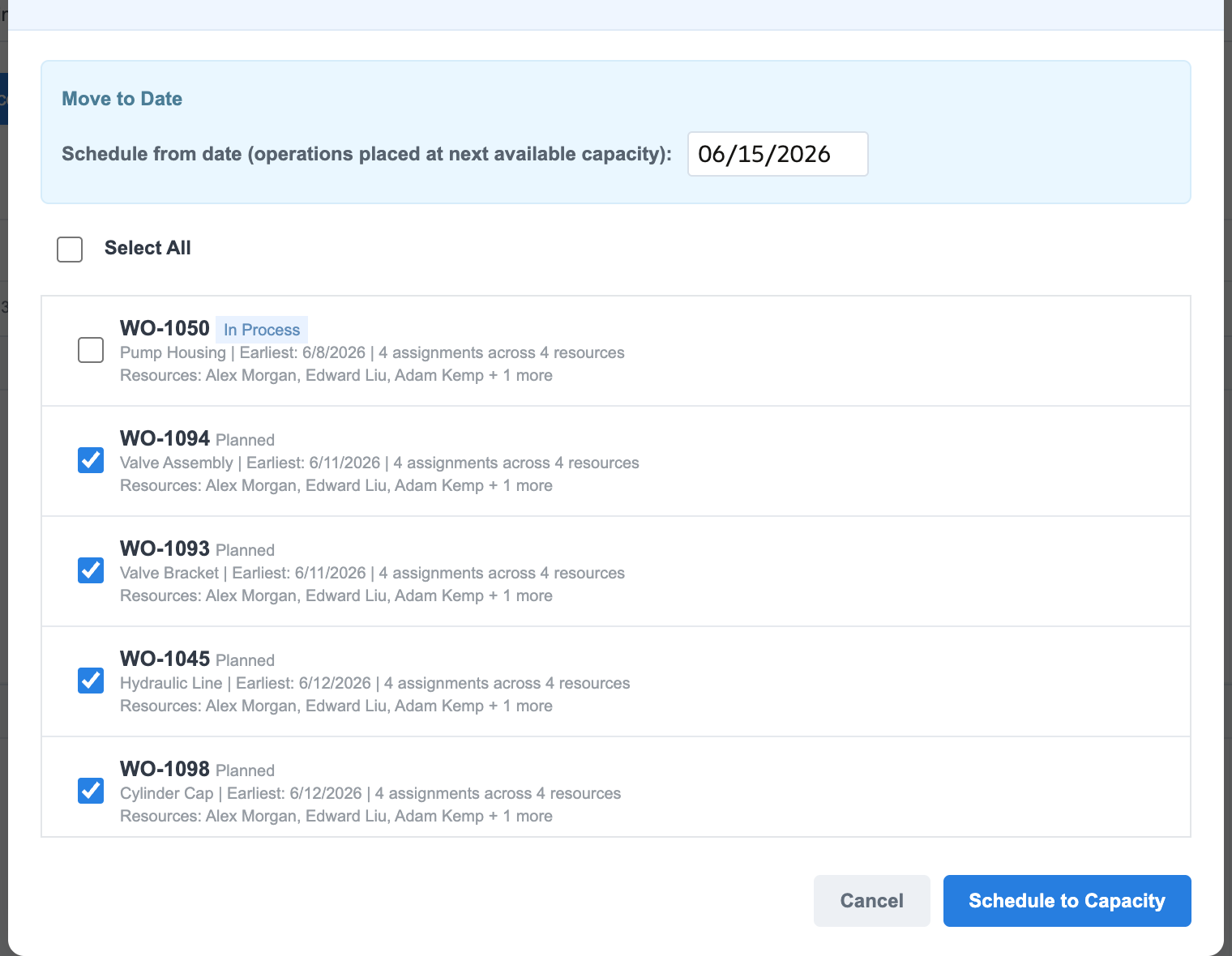 Bulk Move dialog showing 06/15/2026 and the Schedule to Capacity action.