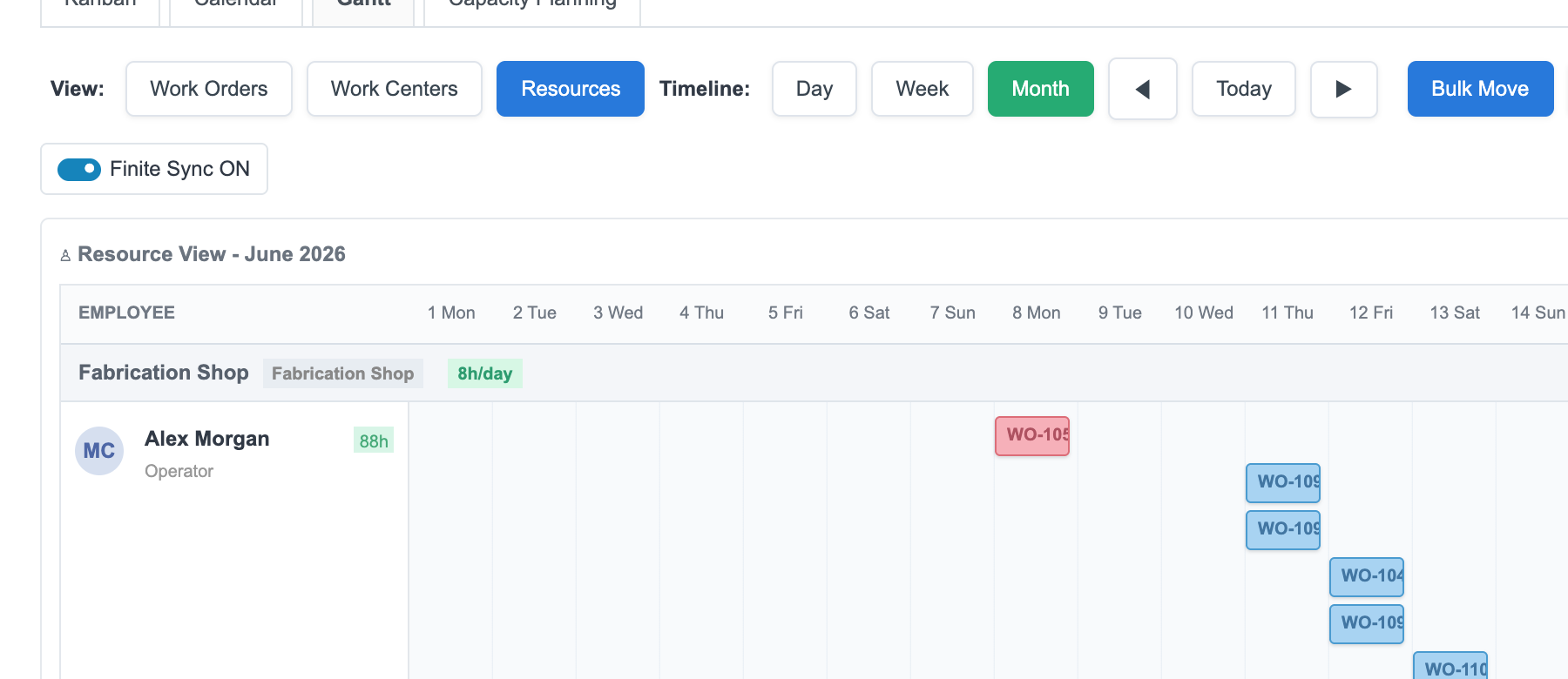 FactorySync Resources Month view before the move, with Bulk Move above the June Gantt.