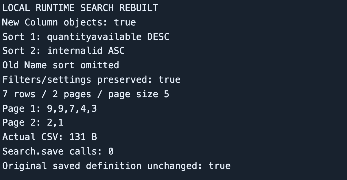 Fresh columns establish quantity DESC followed by internal ID ASC in the local runtime search.