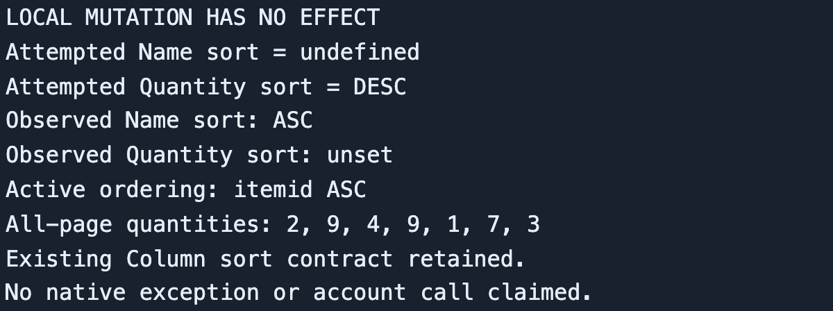Attempted writes are separated from observed Name ASC and Quantity unset values in the local model.