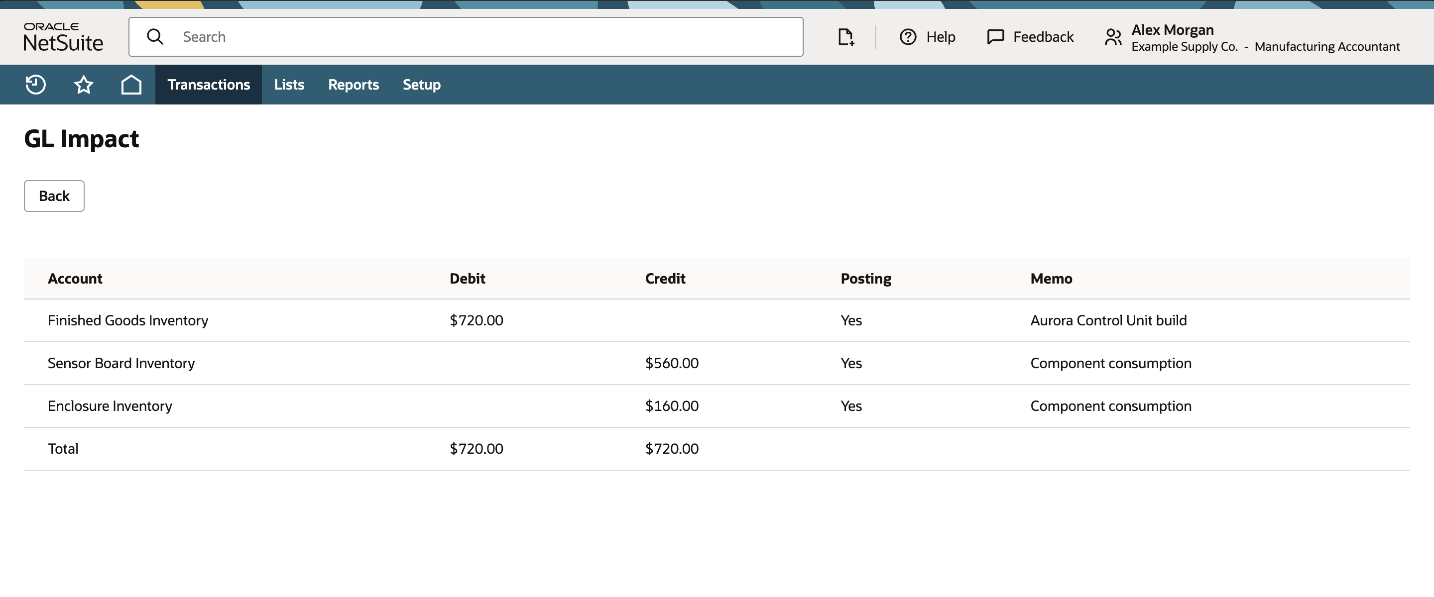 NetSuite GL Impact showing 720 dollar Finished Goods Inventory debit and 560 plus 160 dollar component inventory credits