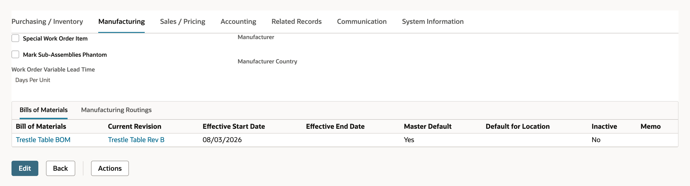 The Manufacturing subtab of the assembly lists Trestle Table BOM with Current Revision Trestle Table Rev B, Effective Start Date 08/03/2026 and Master Default Yes.