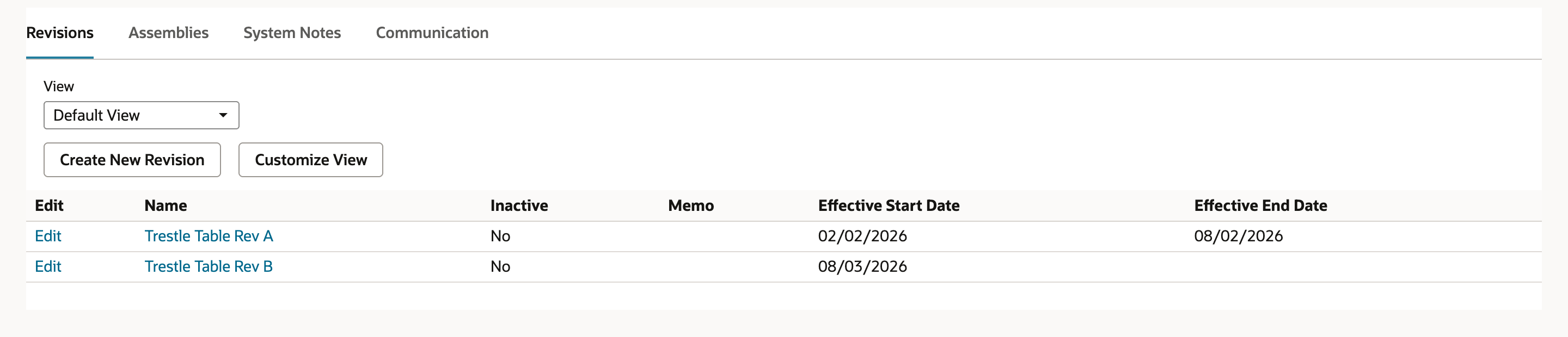 The Revisions subtab of Trestle Table BOM lists Trestle Table Rev A with 02/02/2026 to 08/02/2026 and Trestle Table Rev B starting 08/03/2026.